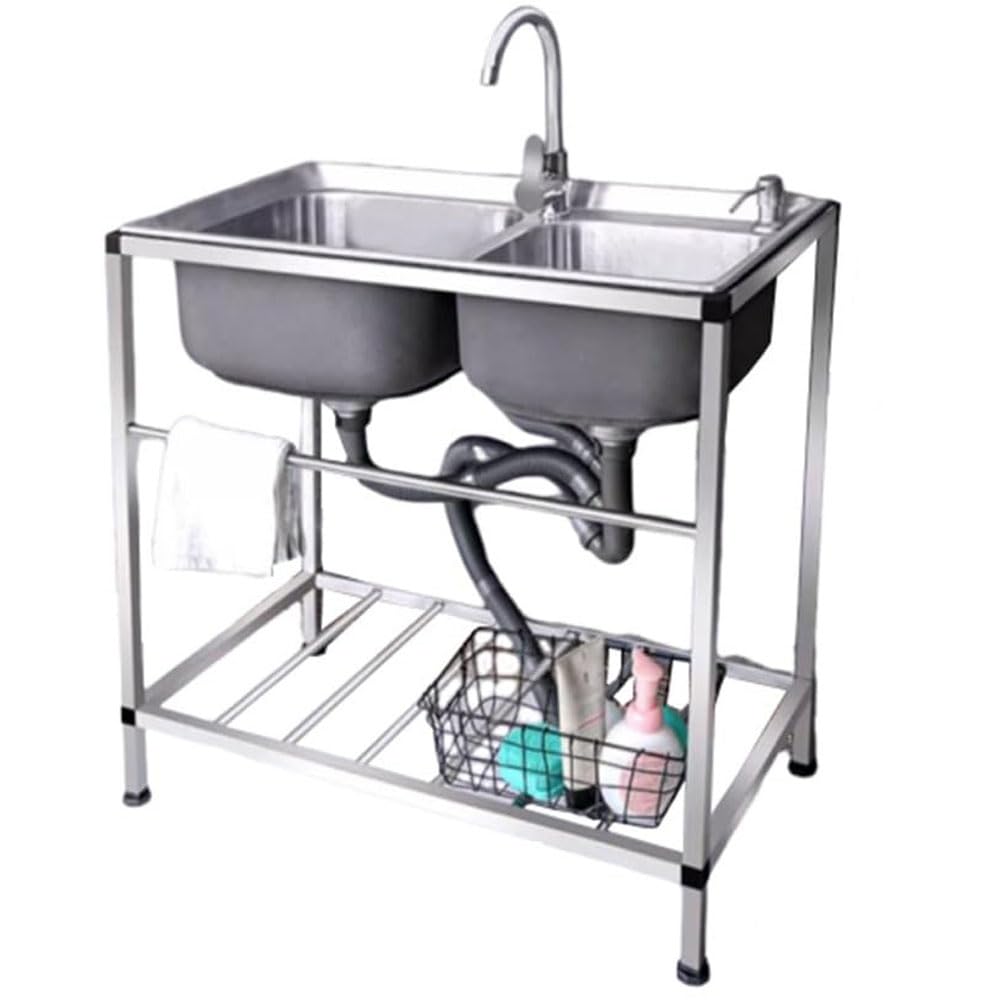LMYSXAOZ Double Bowl Stainless Steel Kitchen Sink Free Standing Utility Prep & Washing Hand Basin for Garage, Restaurant, Outdoor