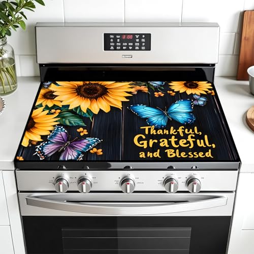 Image of Multi-Design Stove Top Cover for Glass /Electric Stoves - 3-in-1 Heat-Resistant Protector Mat, Non-Slip Drying Rack 28 inchx20 inch (Sunflower-Butterfly, 28 inch L x 20 inch W)