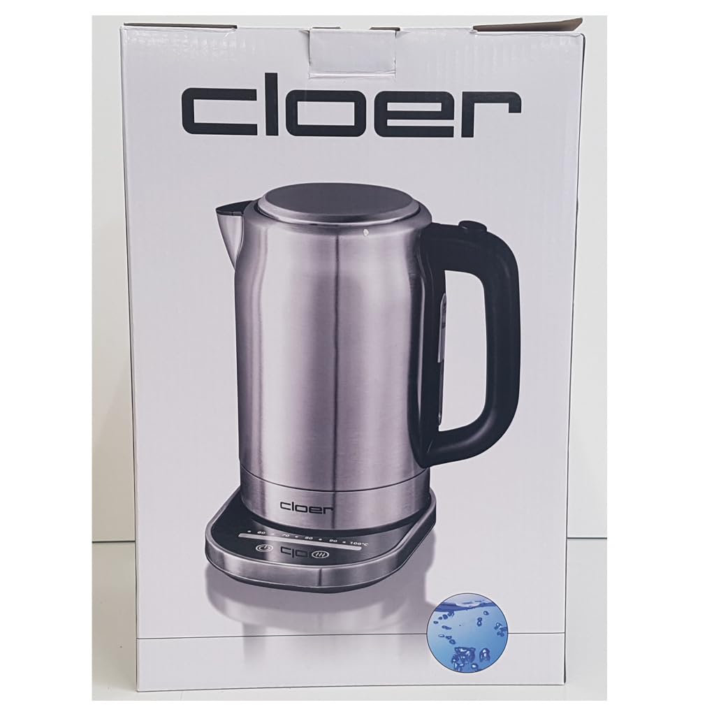 Cloer 4459 Hervidor de agua táctil, 2200 vatios, estación base con pantalla LED de superficie de vidrio, pantalla táctil con control de temperatura, 1,7 litros, acero inoxidable