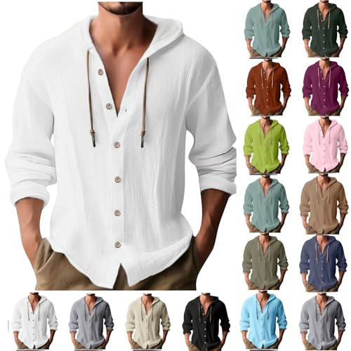 Mens Linen Long Sleeve Shirts with Hood Button Down Blouses Casual Beach Tops Lightweight Fashion Hoodies Clothing