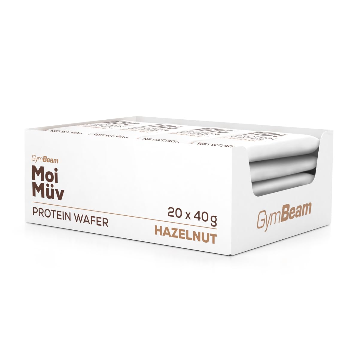 GymBeam MoiMüv Proteinwaffel - Hochwertiger knuspriger Proteinriegel, Eiweißriegel, unterstützt Muskelaufbau & Knochengesundheit, perfekt als Snack oder Dessert (20 x 40 g, Haselnuss)