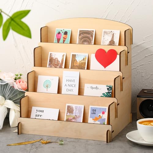 Wonderjune 2 Pcs 4 Tiered Greeting Card Display Stand Portable Sticker Display Stand for Vendors Wooden Collector Card Rack Wood Holder for Postcard Photos Bookmark Trade Shows Retail Counter - Thumbnail 4