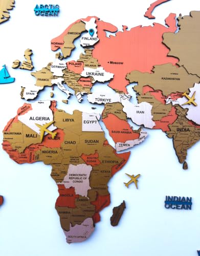 Image of ELK 3D Wooden World Map Wall Decor with Country Names , Capitals & States | Premium Multilayer Laser Cut Wall Art | Easy DIY Installation | Travel Theme Home Decor for Living Room, Office | Size : L (156x89 CM)