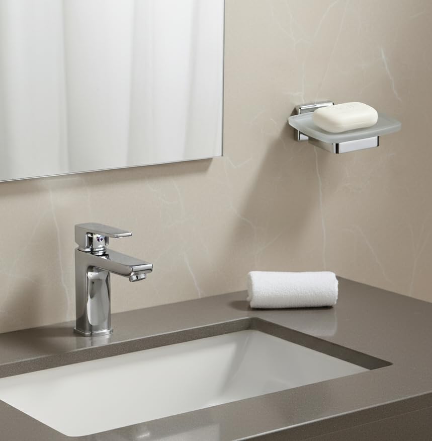 Image of Premium 304 Stainless Steel Soap Dish Holder with Frosted Glass Tray | Wall Mounted Rustproof Soap Stand for Bathroom, Shower, and Kitchen | Chrome Finish Heavy Duty Soap Case(Square 27)