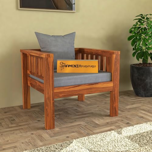 Image of Sheesham Wood Low Height Single Seater Sofa Set for Living Room Office Wooden Sofa Set for Living Room Furniture | Grey Cushion - Honey Finish