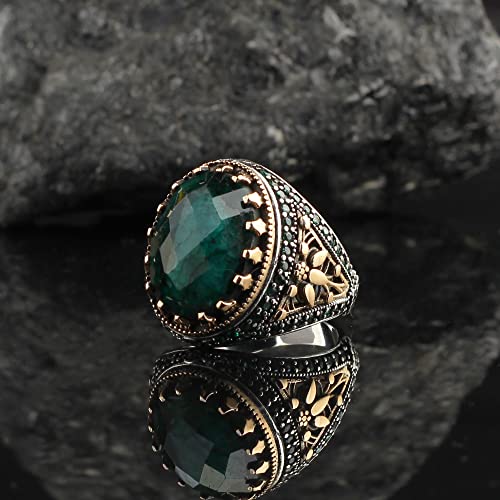 Emerald Stone Men Silver Ring, 925 Sterling Silver Emerald Gemstone Ring, Handmade Engraved Turkish Silver Ring With Natural Emerald Stone Gifts For Men Handmade Rings Valentines Day Gifts For Him #TOP2