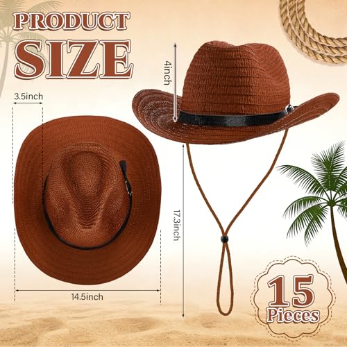 Image of Suhine 15 Pcs Straw Cowboy Hat for Men Women Colorful Western Hat Bulk Sun Protection Large Brim Cowgirl for Summer Seaside