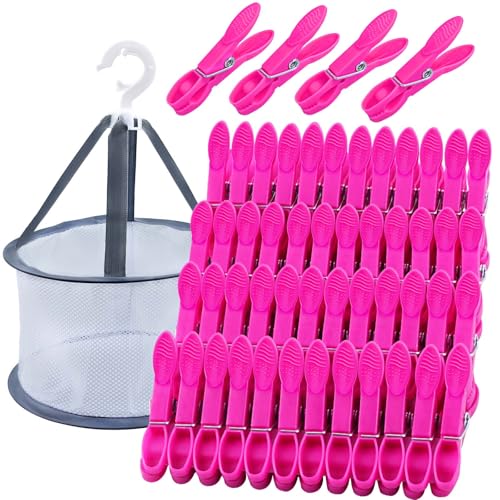 KEYBOO 48 pinzas de la ropa rosa con cesta, resistentes al viento, bolsas coloridas para pinzas de la ropa, pinzas de plástico sin impresión para tendederos y ropa, calcetines
