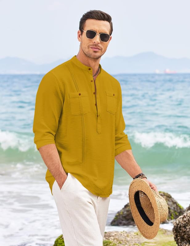 Image of Macsivo Combo of Men's Regular Fit Cotton Blend Solid Casual Short Kurta with Mandarin Collar and Pockets Kurta Pack of 2