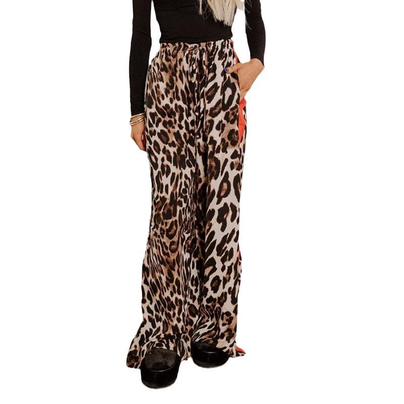 Leopard Wide Leg Pants for Women,Drawstring Print Color with Elastic Waistband,Cusual Comfortable Leg Wide Leg Loose Pants2