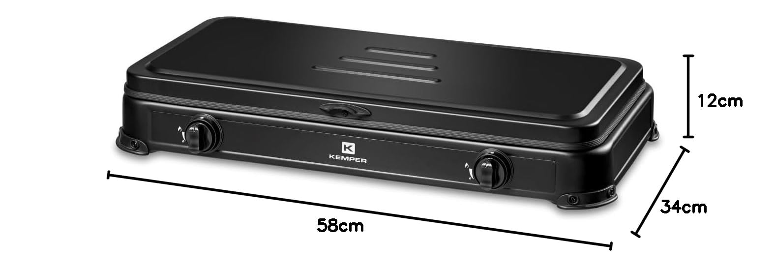KEMPER - Réchaud gaz portable 2 feux 2600W Noir Couvercle Plaque de cuisson