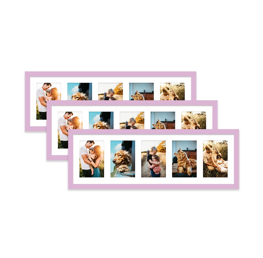 Lilac Multi Photo Frame - Holds 5 x 6x4 Pictures, Family Collage Picture Frame for Wall Display, 8x26 Panoramic Frame Size, Set of 3