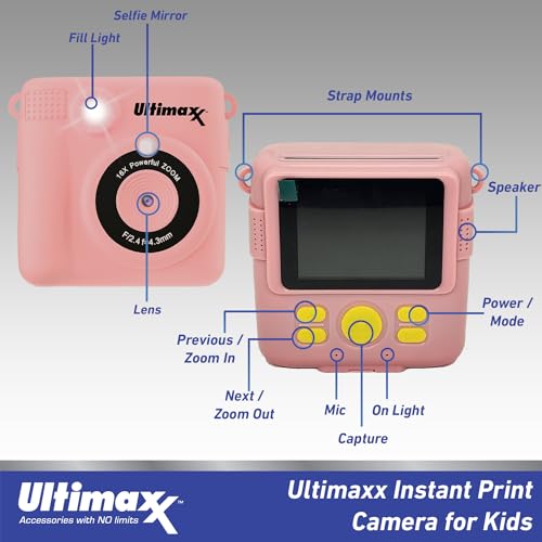 Ultimaxx Câmera de impressão instantânea essencial com 4 jogos (rosa) e zoom de 16X para crianças, m