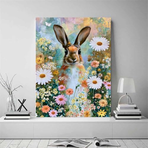 Peinture de lapin fleur sauvage tableau déco maison 30x45cm