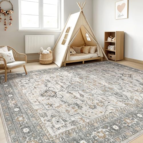 10x14 Area Rugs Living Room: Washable Boho Large Neutral Vintage Soft Rug Stain Resistant Distressed Farmhouse Non-Slip Indoor Floor Carpet for Bedroom Nursery Kids Office Dining Room- Taupe