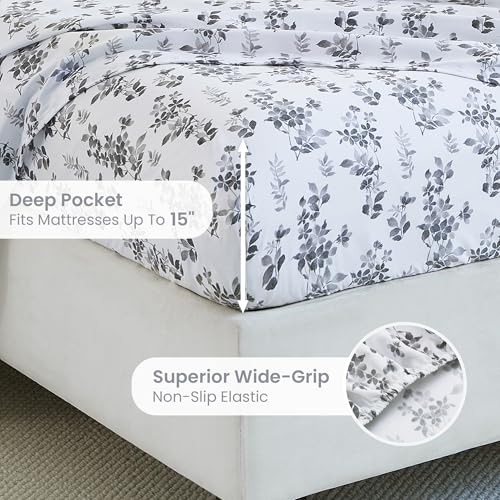 Image of Mooreeke Cozy Vintage Microfiber Printed Full Sheet Set - Soft Breathable Percale Cotton Floral Bed Sheets with Deep Pocket - Non-Slip Fitted Design - Gradient Grey Small Flowers Pattern