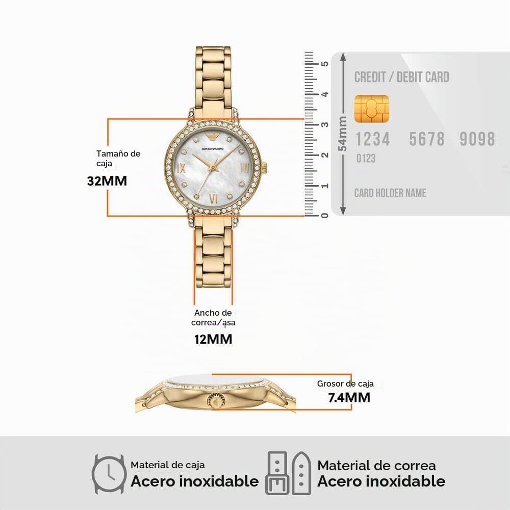 Emporio Armani Reloj para Mujer, 32 mm de Tono Dorado, Mecanismo de Cuarzo con Tres manecillas y Correa de Acero Inoxidable