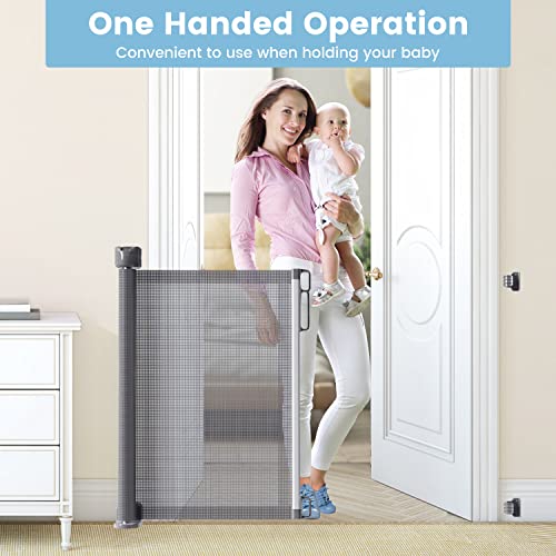 Retractable Baby Gates,Mesh Baby Gates, Pet Puppy Dog Gates, [Upgraded Double Lock] 34" Tall, Extends Up To 72" Wide, Child Safety Gate For Doorways, Stairs, Hallways, Indoor/Outdoor (Grey) #TOP1