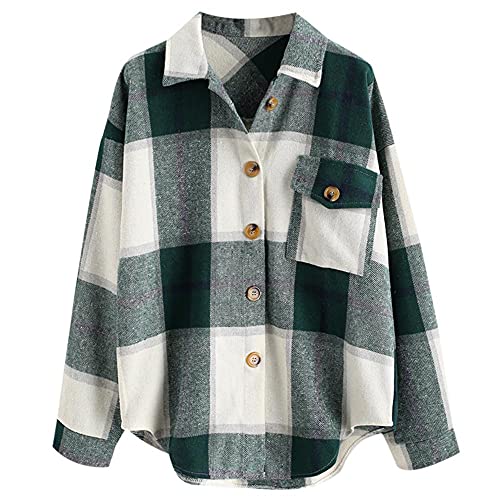 Zaful Women's Casual Pocket Plaid Button Down Shirt Wool Blend Thin Jacket Drop Shoulder Coat #TOP21