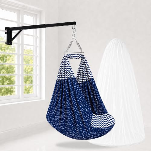 Image of Happykid Baby Cradle Set | Durable Cotton Cloth, Mosquito Net, Spring, Triangle and Window Hanger (Navy, with Bed)