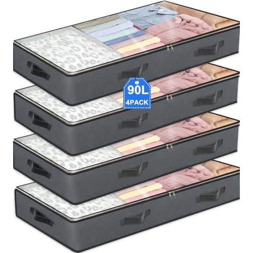 4 Pack Under Bed Storage, 90L Collapsible Closet Containers Organizers and Under Bed Storage Bins, Underbed Storage Bags for Wrapping Paper, Blanket, Towels, Clothes, Comforter, Sweaters, Linen Sheet