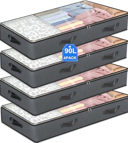 4 Pack Under Bed Storage, 90L Collapsible Closet Containers Organizers and Under Bed Storage Bins, Underbed Storage Bags for Wrapping Paper, Blanket, Towels, Clothes, Comforter, Sweaters, Linen Sheet