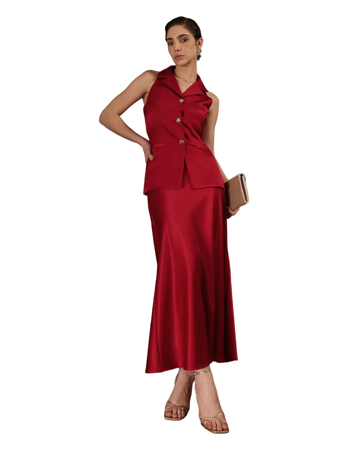 fablestreet Women Top & Skirt | Satin Halter Neck Sleeveless Design with Button Closure | Smooth Satin Fabric for Evening Gatherings & Special Occasions-picture-25