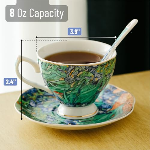 Image of BTaT- Tea Cups and Saucers, Set of 6 with Spoon, 8 oz, Fine Porcelain Teacup Set with Gold Trim for Afternoon Tea, Weddings, Parties & Gifting, Dishwasher Safe, Lightweight, Non-Toxic