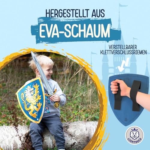 Liontouch - Edles Ritterschild, Blau/Mittel - Für Kinder von 3-8 Jahren | 39 x 30 cm | Mittelalterliches Schaumstoffspielzeug mit goldenem Löwenmotiv | Waffen & Zubehör für Ritterspiele & Verkleidung