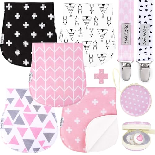 Image of Dodo Babies 5-Pack Baby Burp Cloths - Soft, Absorbent Cotton Burp Cloths - includes Pacifier Case and 2 Pacifier Clips - Colors: Pink, Grey and Black