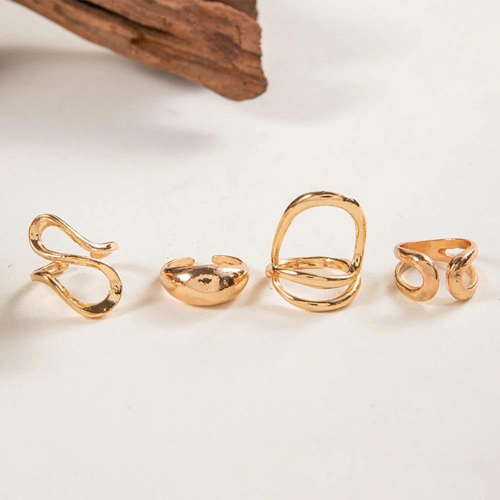4Pcs Chunky Lines Stackable Knuckle Rings Set for Women Irregular Metal Statement Open Finger Ring Modern Geometric Curve Adjustable Jewelry Gift - Image 7