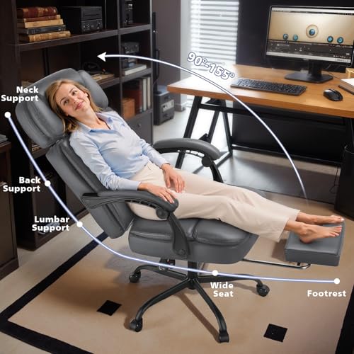 Image of 400lbs Executive Office Chair with Foot Rest for Heavy People, Ergonomic Big and Tall Desk Chair with Adjustable Headrest, High Back PU Leather Comfy Heavy Duty Computer Chair with Spring Cushion