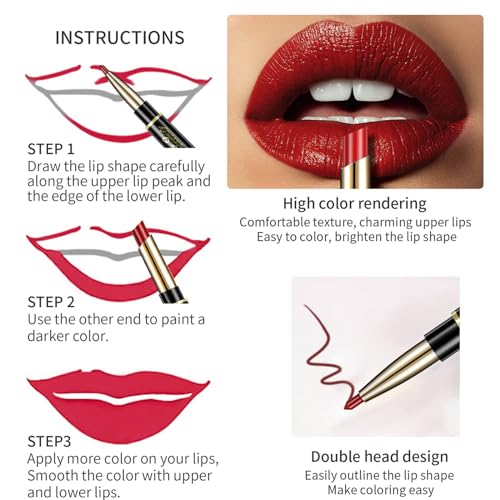 2 in 1 Lipstick & Liner, Lip Liner and Lipstick Set, Red Lip Pencil Double-end Lip Liner Pencil, Matte Make Up Lipstick Pen, Non-Stick Cup Not Fade Lip Liner Set For Girls and Women Gift - Image 4
