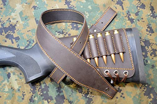 vsdfvsdfv Leather Set Rifle buttstock Cartridge Holder and Matching Rifle Sling, buttstock Holder Plus Rifle Strap, for Any Shotguns, Best Gift (Dark Brown, 45-70 and 44MG)