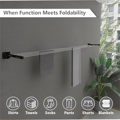 Image of JD FRESH Metal Foldable Wall Mount Cloth Drying Stand with 30 Feet Rope /Wall Hanging Clothes Dryer Rack for Balcony & Indoor Use /Space Saving Wall Mounted Laundry Hanger(Black)
