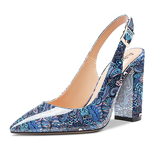 Aachcol Women Chunky Block High Heel Pumps Ankle Strap Slingback Pointed Toe Dress Shoes Office Party Wedding Patent 4 Inch
