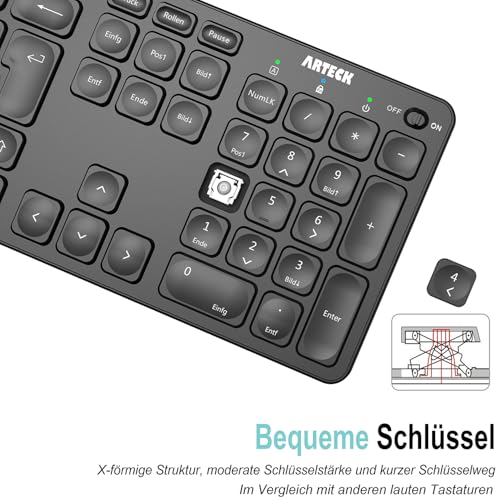 Arteck Kabellose Tastatur, Deutsches QWERTZ Layout wiederaufladbare USB Anschluss 2,4 GHz Kabellos Tastatur mit Multimedia-Tasten, Kompatibel mit PC, Computer, Notebook, Laptop, Windows 11, 10, 8 3