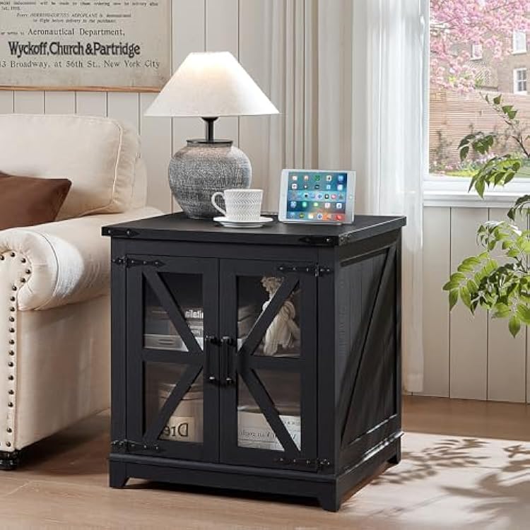 Joaxswe Farmhouse End Table with Charging Station Set 2, 24 Large Sofa Side Table with Glass Barn Door, Nightstand with Adjustable Storage Shelf,Wood Square Bedside Table for Living Room,Bedroom