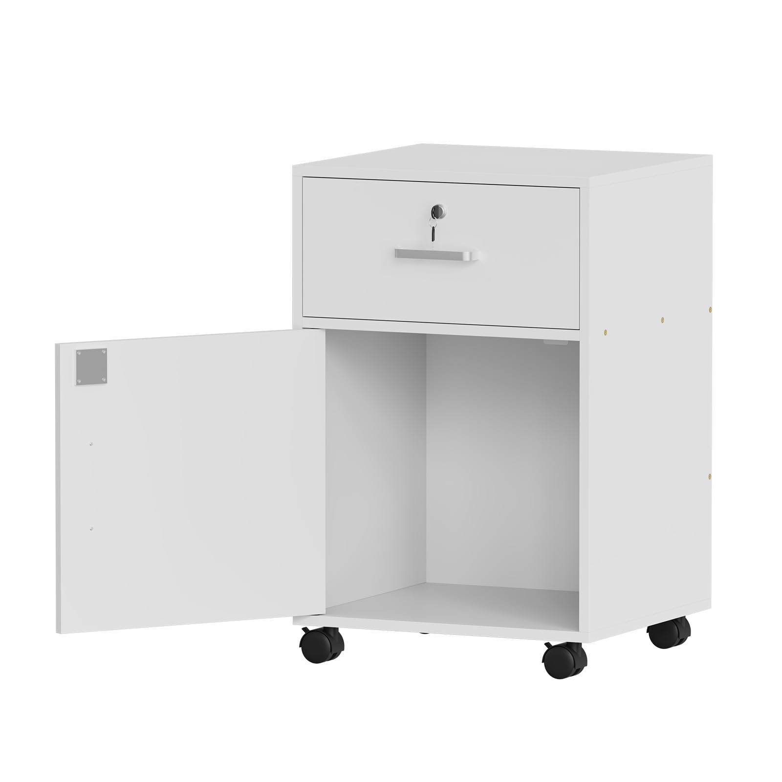 Small Mobile File Cabinet, Home Office Under Desk Drawers, File Storage Unit, Office Pedestal, Under Desk Unit, Small Bedside Drawers Cabinet on Casters (Drawer+Door, Solid White)