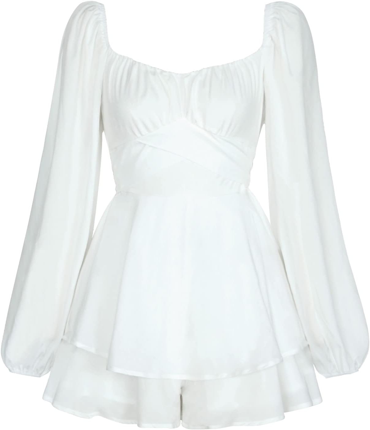 Boho off Shoulder Rompers for Women Dressy Lantern Long Sleeve Ruffle layer Back Tie Mini Shorts Jumpsuit - Image 8