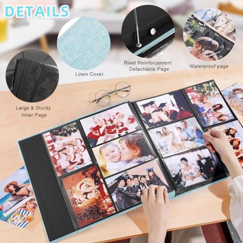 Image of HASTHIP Cloth Photo Album, Hardcover Album for Photos Collection with 600 Sheet, Scrap Books for Memories Clear Photo Pockets Family Photo Book for Baby Milestone, Wedding, Travel, 33.5x34x5cm, Blue