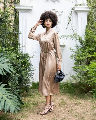 SIXDO Silk Loose Dress with Spread Collar, a Chic and Comfortable Choice for Spring and Summer 2025 Light Brown — view 6
