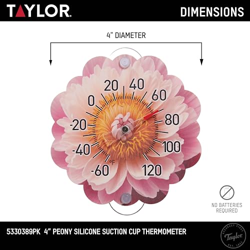 Image of Taylor Peony Dial Thermometer, 4-Inch Indoor Outdoor Silicone Suction Cup Thermometer, Weather-Resistant Temperature Gauge for Patio, Pool, Garden, or Garage, Pink