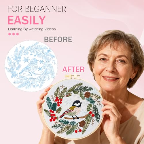 Image of Huacan Embroidery Kit for Beginners Easy Needlepoint Kits for Adults with Stamped Embroidery Patterns. (Bird)