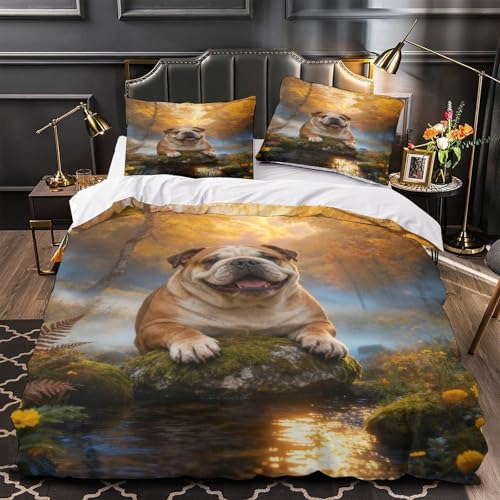 Bulldog Gifts WXLWHR American Bulldog Bedding Set Woods Stream Print Duvet Cover Set Soft Microfiber Quilt Cover with Zipper & Pillowcases for Small Bedrooms & Dorm Super King(260x220cm)