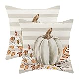 Gohdiwh Fall Pillow Covers 18x18 Set of 2 Pumpkin Leaf Branch and Stripes Fall Decor Pillowcase Linen Autumn Thanksgiving Decorative Outdoor Throw Pillow Covers Farmhouse Cushion Case for Couch Home