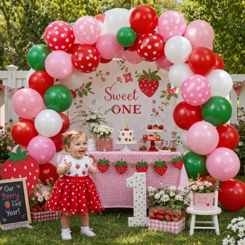Image of TONIFUL 100 Pack Red Pink Green Polka Dot Latex Balloons - Strawberry Garden Theme Balloon for Birthday Spring Baby Shower Wedding Bachelorette Sweet 16 Party Decorations