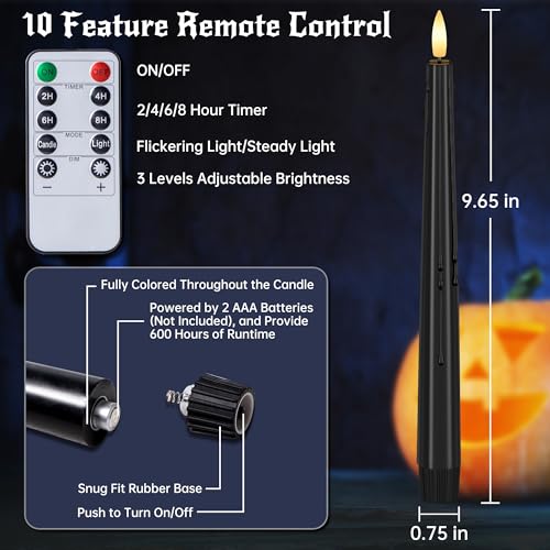 Image of Stmarry Black Flameless Taper Candles with Remote and Timer - 9.65 Inch Real Wax LED Candlesticks - Wax Drip Battery Operated Halloween Taper Candles with 3D Flickering Flame Halloween Decor, 3 Pack