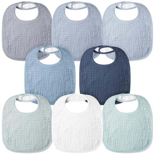 Bearmoss Muslin Baby Drooling Bibs 8 Pack, 100% Cotton Square Adjustable Bandana Bibs Gift for Baby Girls Boys Teething Drool
