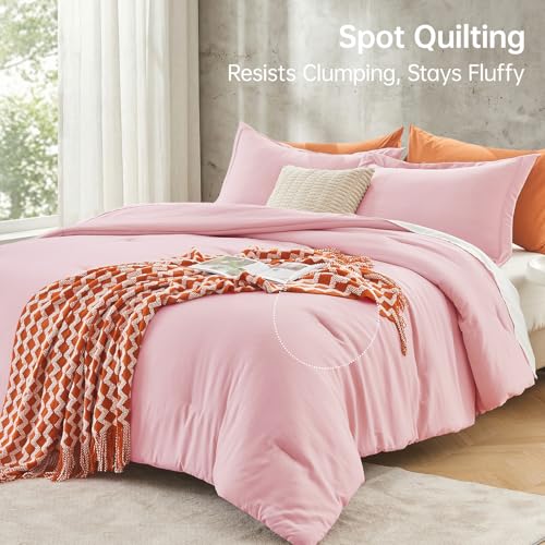 Image of MUXHOMO Pink Oversized King Comforter Sets, All Season Ultra Soft Down Alternative Bedding - 3 Piece Lightweight Bed Set Includes 1 Comforter (120 inchx98 inch) and 2 Pillow Shams (20 inchx36 inch)